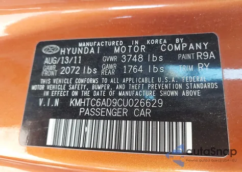 2012 Hyundai Veloster Base W/Black from USA, damaged, VIN KMHTC6AD9CU026629